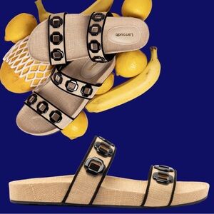 Larroudé Milan Slide In Beige Raffia and Black Trimming